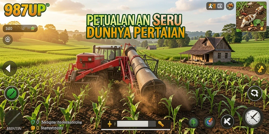 Tampilan gameplay 987UP yang menunjukkan ladang hijau dan hewan ternak.