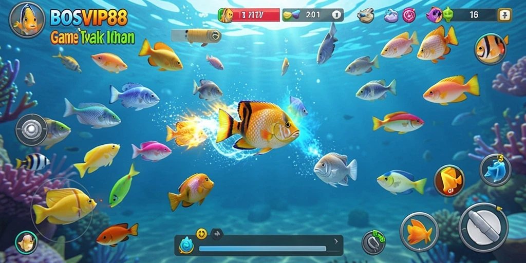 Gambaran gameplay seru dalam BOSVIP88, menembak ikan dengan grafik menarik.