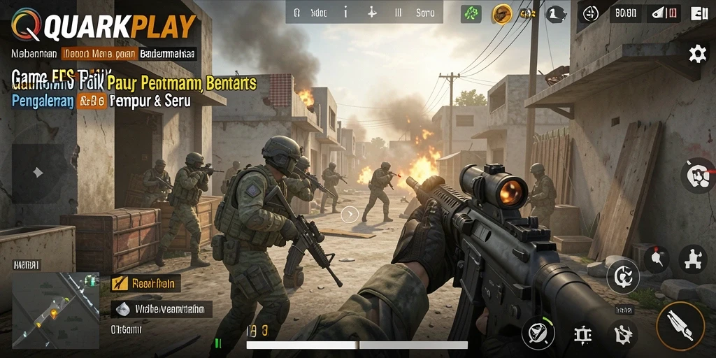 Tangkapan layar gameplay <strong>QUARKPLAY</strong> yang menampilkan aksi seru dalam pertempuran FPS.