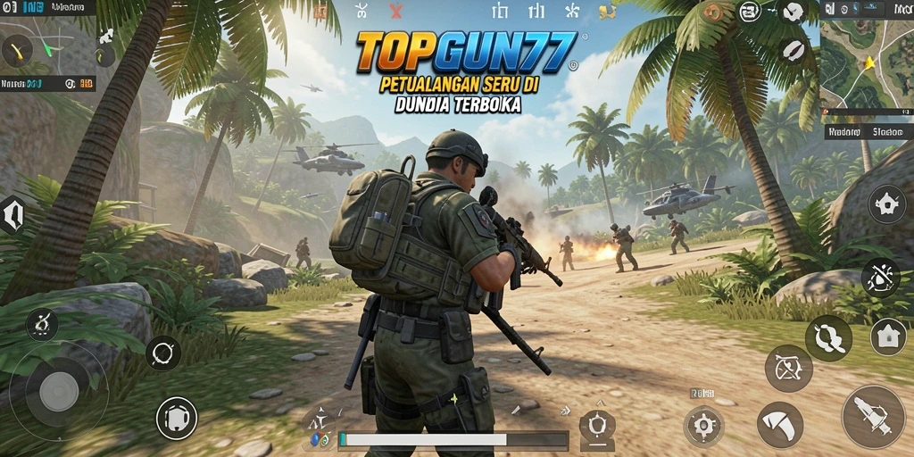 Screenshot gameplay TOPGUN77 yang menampilkan dunia terbuka yang luas.